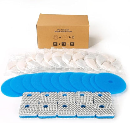 10 Set Cat Water Fountain Filter Replacement for Square 2.2L/73oz Stainless Steel Cat Fountain, ZEKIRY Pet Fountain Filter, Triple Filtration Replacement Filters(10 Filter, 10 Sponge, 10 8D Sponge)