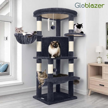 Globlazer Corner Cat Tree Tower for Indoor Cats, 51in Multi-Level Cat Condo Tower with Large Hammock, 7 Sisal Scratching Posts, Oversized Top Perch, Spacious Cat Cave, Hanging Basket, C51, Dark Grey