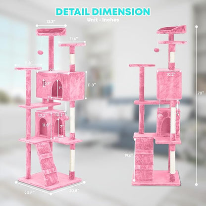 FDW Cat Tree 70in Cat Tower Multi-Level Durable Cat Scratching Post & Cozy Fun Cat Jumping Platform Space Saving Cat Condo Pet Play House for Indoor Cats,Pink