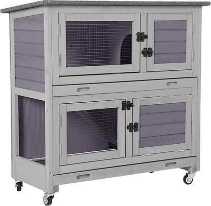 Aivituvin 2-Tier Rabbit Hutch with Tarp Door and Wheels Bunny Cage Indoor Outdoor Guinea Pig Cage Expandable with Pet Playpen 36" L, Grey
