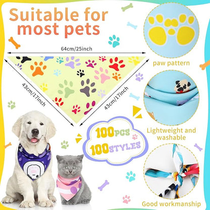 100 Pcs Paw Dog Bandanas Bulk Pet Bibs Colorful Triangle Scarf Paw Pattern Pet Bandanas for Medium Large Dogs Holiday Summer Birthday Costume Decor