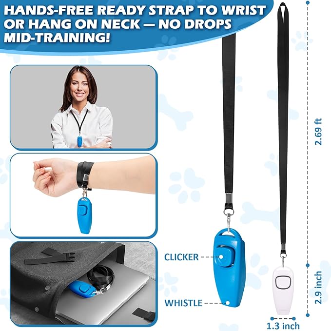 2-in-1 Dog Training Clicker Whistle for Training and Recall, Training Accessories for Puppy, Cats, Horses & Small Animals - 2 Pack with Lanyard, Reward Your Pets Efficiently(White + Light Blue)