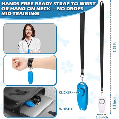 2-in-1 Dog Training Clicker Whistle for Training and Recall, Training Accessories for Puppy, Cats, Horses & Small Animals - 2 Pack with Lanyard, Reward Your Pets Efficiently(White + Light Blue)