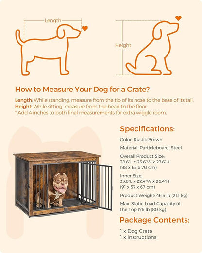 Feandrea Dog Crate Furniture, 38 Inches Dog Kennel for Dogs up to 70 lb, with Removable Tray, Heavy-Duty Dog Cage End Table, Double Doors Dog House, Rustic Brown UPFC013X01