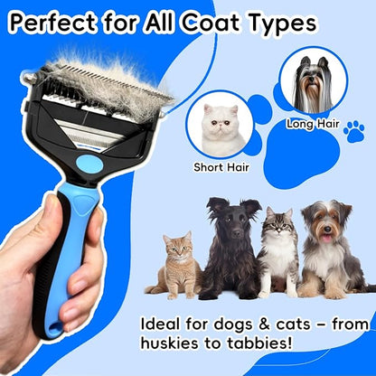 3-in-1 Pet Deshedding Tool – Grooming Brush for Dogs & Cats with Undercoat Rake & Dematting Comb (Blue)