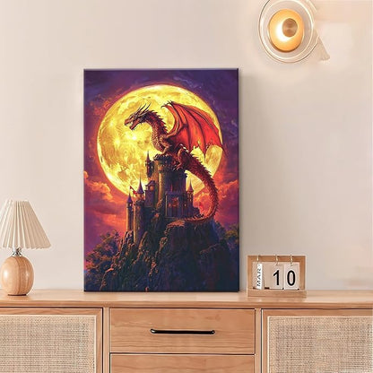 Dragon Bathroom Pictures Wall Art, Red Dragon Castle Bathroom Wall Decor, Framed Painting Canvas Artwork for Bedroom Living Room Decorations 24"L x 16"W