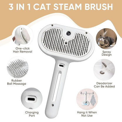 3-in-1 Cat Steam Brush – Pet Grooming & Shedding Comb with Gentle Steam Spray, One-Click Hair Release, for Long & Short Hair Cats & Dogs (White)