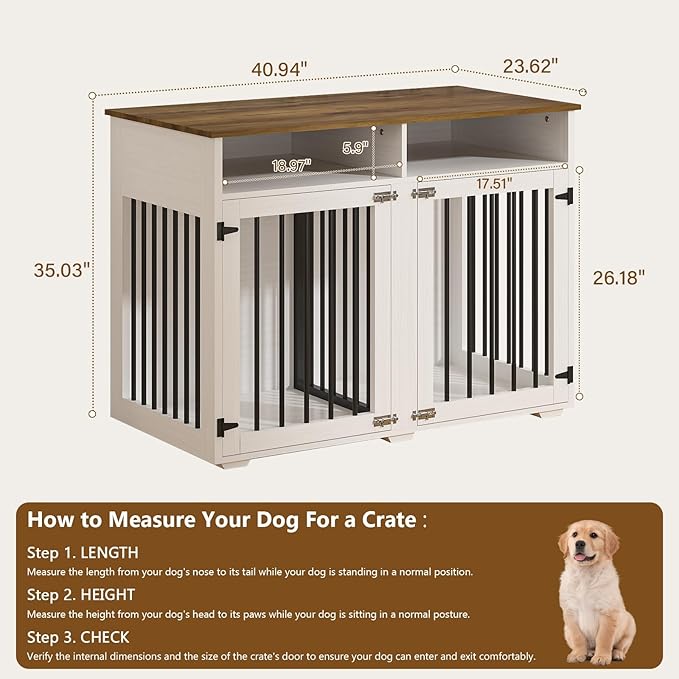 Furniture Dog Crate for 2 Dogs, 41 Inch Dog Kennel Furniture with Removable Divider and Shelf Storage, Wooden Dog Crate for Small/Medium Dogs, White