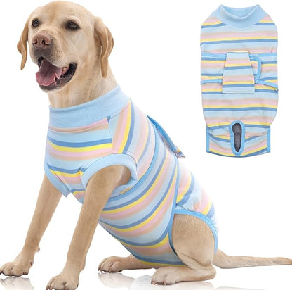 FUAMEY Recovery Suit for Dogs After Surgery,Soft Breathable Dog Bodysuit E-Collar & Cone Alternative Surgical Suit,Male Female Dog Neuter Spay Suits Anti Licking Wounds Onesie Blue Yellow Stripes XL