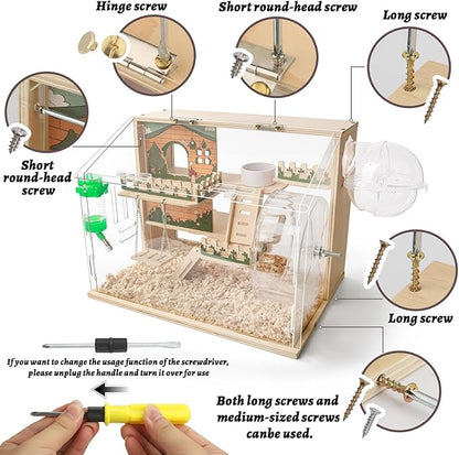 11 in 1 Wooden Hamster Cage with All Accessories, 15.8 Inch 3-Layer Dwarf Hamster Cage Acrylic,Small Animal Cages, Pastoral Style Mouse Cage for Pet Mice, Hedgehog, with Stairs, Fences and Swing