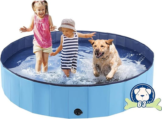 Foldable Dog Bath Swimming Pool Plastic Kiddie Pool Professional Tub Collapsible Grooming Bathtub for Pets Kids Baby and Toddler, 63 x 12 Inches Blue