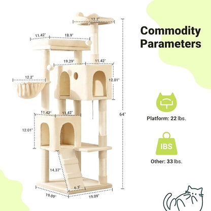 Allewie 64 Inches Cat Tree Tower/Multi-Level Activity Center for Indoor Big Felines/2 Plush Condos/2 Perchs/Basket/House/Sisal Scratching Posts/Hanging Cat Toys/Beige