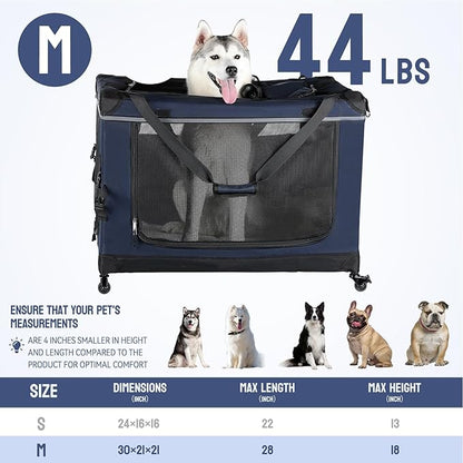30IN Soft Collapsible Dog Crate w Detachable Wheels, Rolling Travel Dog Crate for Medium Breed Dogs, Portable Dog Kennel with Mesh Windows, Indoor & Outdoor Uses
