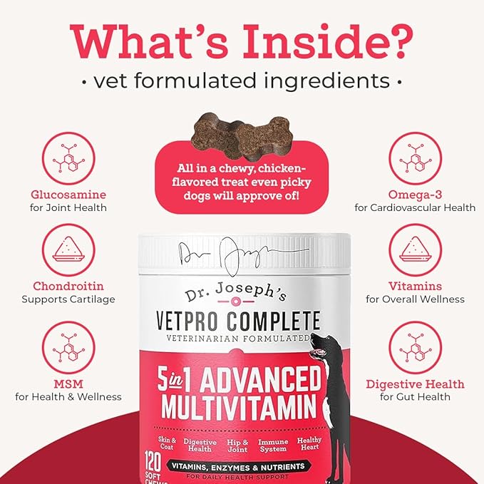 Dr. Joseph's VetPro Complete Multivitamin Dog Supplement, 60 Count (Small Dog 60 Days Supply), 5 in 1 Chew with Vitamins, Enzymes & Nutrients, Hip and Joint Health, Immune System and Allergy Support