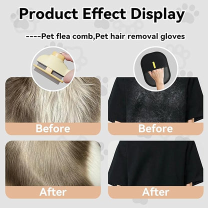 2 Pet Hair Removal Gloves, 2 Flea Combs for Cats and Dog，Reusable Electrostatic Gloves and Long & Short Flea Combs, 4 PCS pet hair removal tools