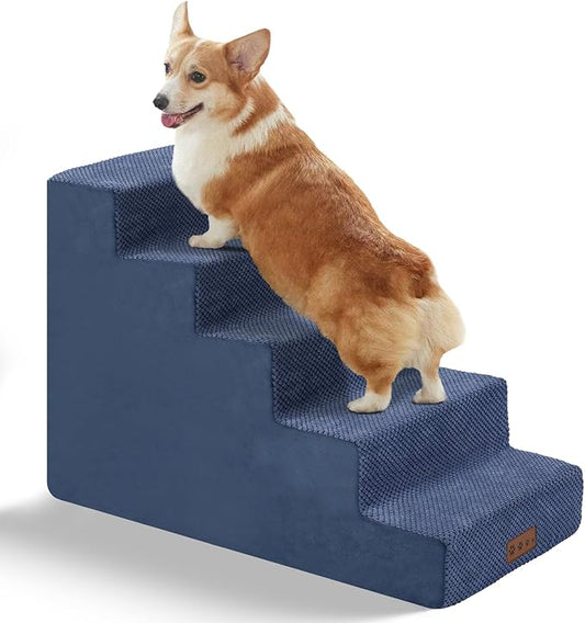 GGIB Dog Stairs for Small Dogs and Cats - Non-Slip Steps for High Bed, Sofa, Couch - Pet Ramp with Removable Washable Cover, Navy, 22" H, 5-Step