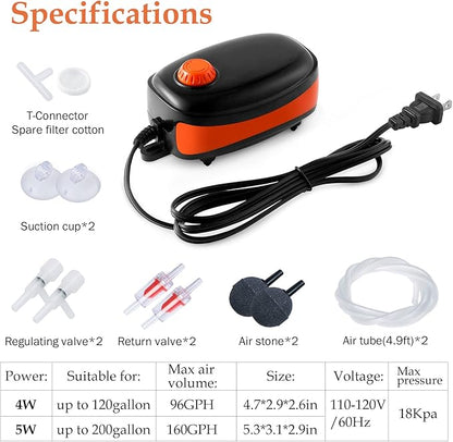 FEDOUR 4W/5W/8W Aquarium Corded Electric Air Pump, 96GPH/160GPH/256GPH Dual Outlets 4 Outlets Oxygen Pump, Ultra Quiet Aquarium Bubbler for up to 300 Gallon Fish and Turtle Tank