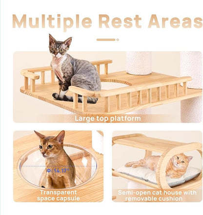 77‘’ Modern Cat Tree, Tall Wood Cat Tower for Indoor Cats Large Adult, Heavy Duty Cat Tree with Scratching Post, Luxury Kitty Condo, Sturdy Cat Furniture with 1 Transparent Bed and 3 Climb Labber