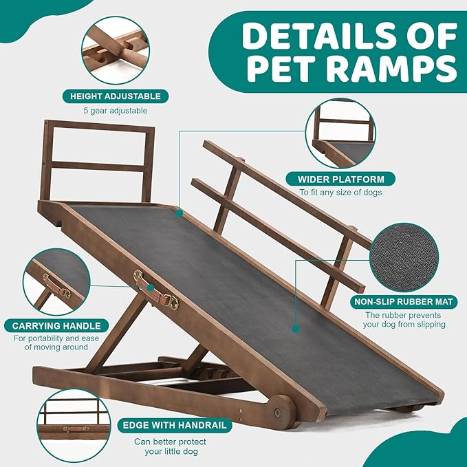 Dog Ramp for Bed, Adjustable Pet Ramps for Dog to Get on Bed, Non-Slip Rubber Surface - Folding Wooden Dog Ramp for Small/Large/Old Dogs, Adjustable up to 31 inch High Beds, Safety Railings