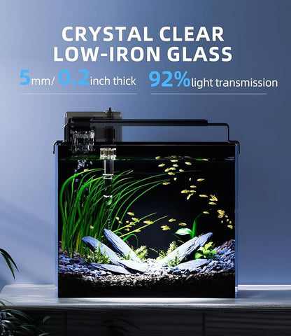 3 Gallon Fish Tank Aquarium Kit with Filter, LED Light with Timer, Siphon Vacuum Cleaner, Lid, Self-Cleaning Glass Rimless Betta Tank