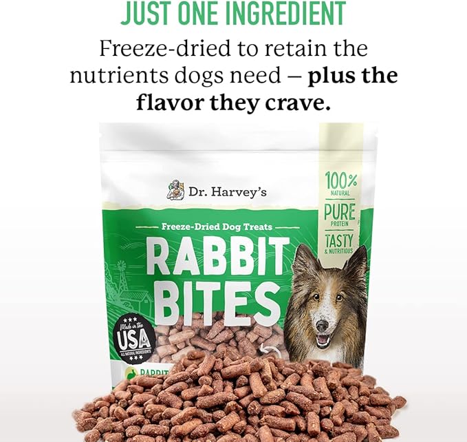 Dr. Harvey's Rabbit Bites Freeze-Dried Raw Dog Treats, Single Ingredient, All-Natural Rabbit Meat Protein for Dogs, Allergen-Free, 7 Ounces (1 Pack)