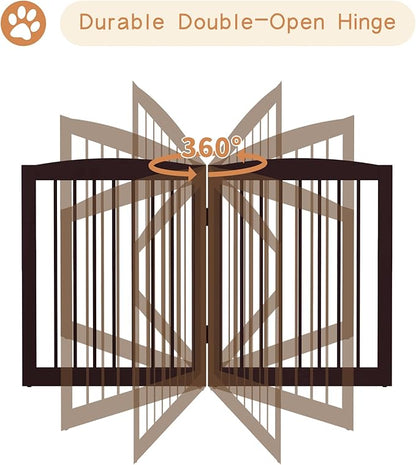 Freestanding Pet Gate for Dogs, Foldable Wooden Dog Gate for House, Extra Wide Indoor Pet Barrier for Stair, Doorway, Hall, Support Feet Included, 120 Inch Wide, 6 Panels 24", Brown
