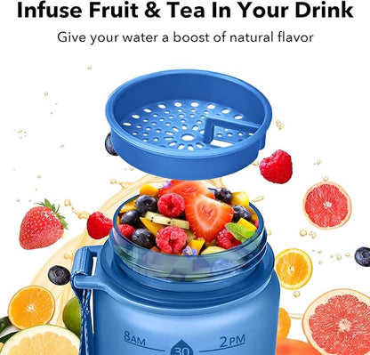 32oz Motivational Water Bottles with Time Marker & Fruit Strainer, Transparent Gradient Color Water Bottle with Times to Drink, Leakproof & BPA Free, Reusable Bottle with Strap (No Straw)