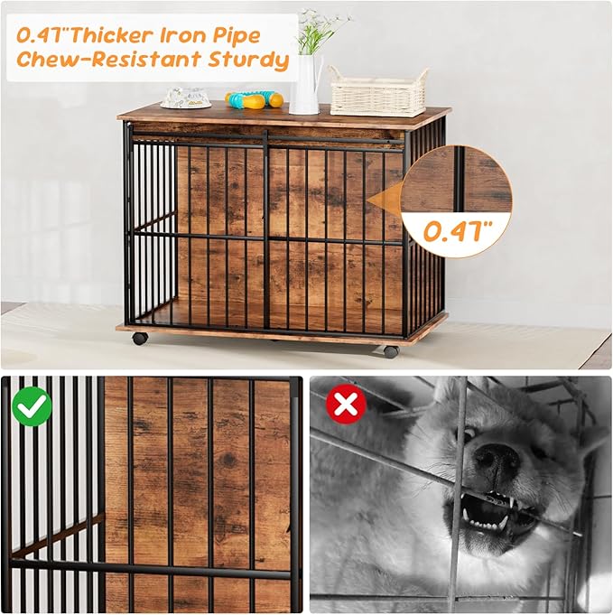 43.7" Dog Crate Furniture, XL Dog Crate Dog Kennel Indoor with Wheels for Large Medium Small Dogs, Wooden Dog Kennel End Table with Sliding Door Wooden Furniture Crates for Living Room, Bedroom
