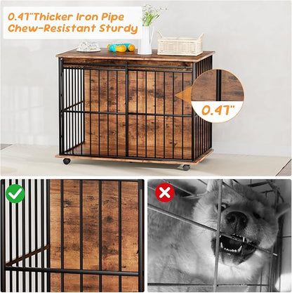43.7" Dog Crate Furniture, XL Dog Crate Dog Kennel Indoor with Wheels for Large Medium Small Dogs, Wooden Dog Kennel End Table with Sliding Door Wooden Furniture Crates for Living Room, Bedroom