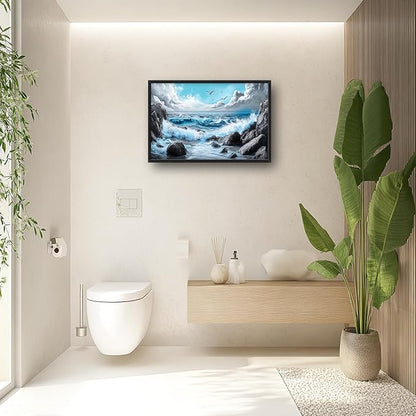 Extra Large Framed Abstract Sea Ocean Wall Art,Black and White Wall Decor, Coastal Seashore Pictures for Living Room,Canvas Print Painting Modern Artwork Bedroom Office Bathroom 36L x 24W