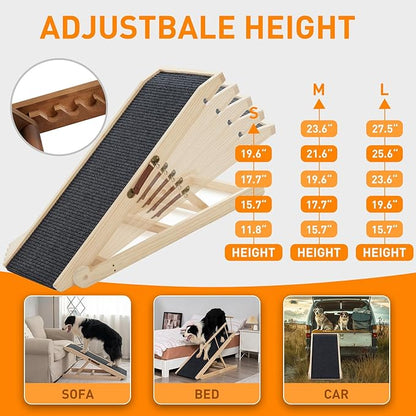 Dog Ramp for Bed, Dog Stairs for Small and Large Dogs, Portable Dog Steps for Bed, Couch, Car, Adjustable Pet Ramp, Anti-Slip Traction Mat Pet Steps, Support up to 210 lbs (Log Color, LENTH-55.1IN)