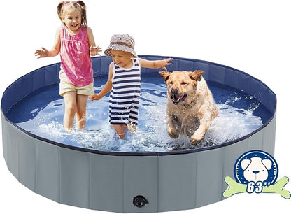 Foldable Dog Bath Swimming Pool 63'' Plastic Kiddie Pool Professional Tub Collapsible Grooming Bathtub for Pets Kids Baby and Toddler, 63 x 12 Inches Gray