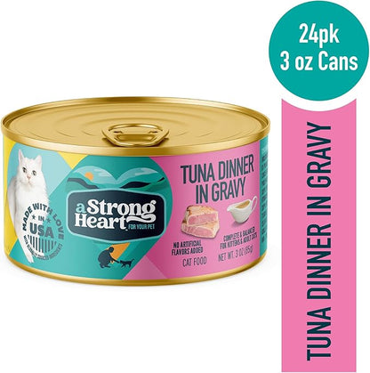 A Strong Heart Canned Wet Cat Food, Tuna Dinner in Gravy - 3 oz Cans (Pack of 24), Made in The USA with Real Tuna