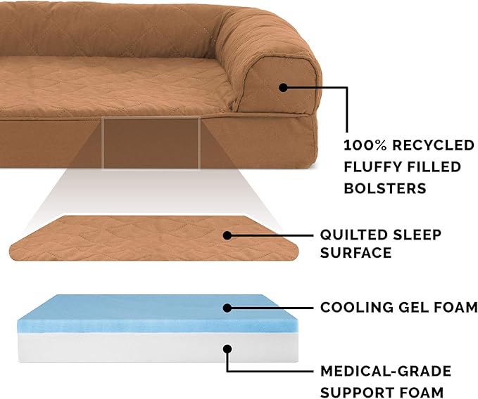 Furhaven Cooling Gel Dog Bed for Medium/Small Dogs w/ Removable Bolsters & Washable Cover, For Dogs Up to 35 lbs - Quilted Sofa - Toasted Brown, Medium