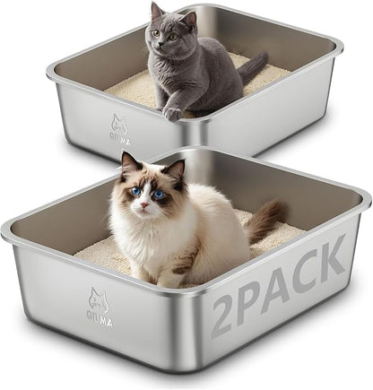 2 Packs Stainless Steel Cat Litter Box, 17.5" L×13.6" W×5.9" H, Metal Kitty Litter Box with High Sided for Small Cats, Non-Stick, Easy to Clean, Odor-Free