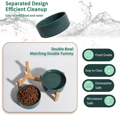 Elevated Ceramic Dog Bowl Set - Raised Feeding Bowls with Non-Slip Bamboo Stand - Small Pet Dishes for Food and Water - Ideal for Cats and Puppies - 16.23 OZ - 2 Cups - 480 ML