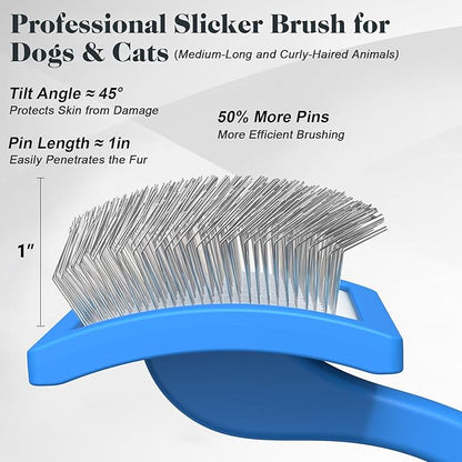 2PCS Slicker Brush for Dogs & Pet Comb,Professional Dog Grooming Brush (Goldendoodles,Poodles,Labradoodles) with Extra Long Pins to Effectively Remove Tangles, Knots and Mats (Blue)