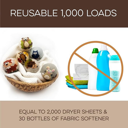 Fluff Ewes Wool Dryer Balls 6 Pack Premium New Zealand Wool Laundry Balls for Dryer, No Static Dryer Balls Laundry Reusable, XL Hedgehog Dryer Balls, Baby Dryer Balls for Dryers - Hedgehog and Homies