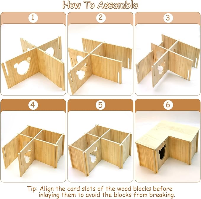 Fhiny Wooden Hamster House, Multi-Chamber Hamster Hideout & Tunnel Detachable Activity Room Exploring Toys Rats Habitat Decor for Dwarf Hamsters Gerbils Mice Lemmings (Small)