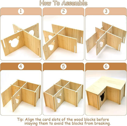 Fhiny Wooden Hamster House, Multi-Chamber Hamster Hideout & Tunnel Detachable Activity Room Exploring Toys Rats Habitat Decor for Dwarf Hamsters Gerbils Mice Lemmings (Small)