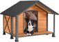 Aivituvin Dog House with Anti-Chewing Metal Frame Outdoor Large Wooden Dog Kennel Outside with Overhang Roof Large Porch Weatherproof