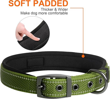 Fida Heavy Duty Dog Collar, Ultra Comfortable Soft Neoprene Padded, Adjustable Reflective Nylon Pet Collar with Durable Metal Belt Buckle for Small Breeds (S, Green)
