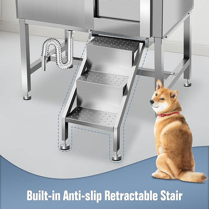 38" Pet Dog Bathing Station W/Ramp, Professional Stainless Steel Dog Grooming Tub W/Floor Grate, Faucet, Dog Bathtub for Large,Medium, Small Pets, Washing Sink for Home,R-RAMP