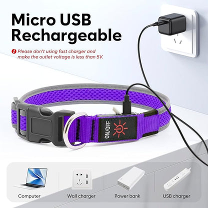 Flashseen LED Dog Collar, USB Rechargeable Light Up Dog Collar Lights, Adjustable Comfortable Soft Mesh Safety Pet Collar for Small, Medium, Large Dogs (Purple, Small)