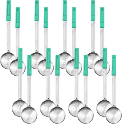 16 Pcs Portion Control Serving Spoons, Restaurant Measuring Serving Ladle Utensils, Portion Control Slotted Scoops for Weight Loss, Solid and Perforated Scoops(Green,4 oz)