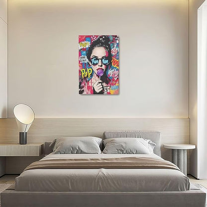 Fashion Women Wall Art Glam Modern Artwork for Girls Banksy Street Graffiti Pop Art Canvas Pictures Painting Print Framed Decorations Gifts for Bedroom Living Room Office 16"x24"