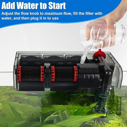 AQQA Aquarium Filter 20-50 Gallon Fish Tank Filters with Double Waterfall, Hang on Back Aquarium Filter with Bio-Wheel Power, Adjustable Flow, Quiet Efficient and Silent Operation (10W 125 GPH)