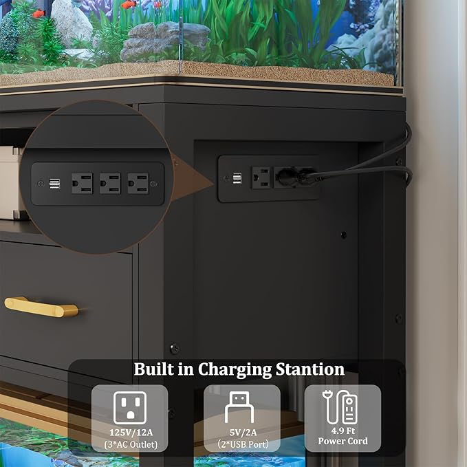 20-29 Gallon Aquarium Stand with Stable Metal Frame & Power Outlet, Heavy-Duty Fish Tank Stand with Waterproof Mat, 550LBS Capacity Storage Cabinet, Black
