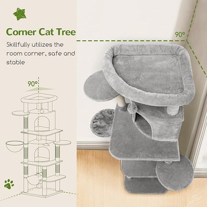 Globlazer Corner Cat Tree for Large Cats, 66inch Tall Curved Series Large Cat Tower for Multiple Indoor Cats with 6 Scratching Posts, 2 Spacious Cat Condos, Hammock, Hanging Basket, C66, Light Grey