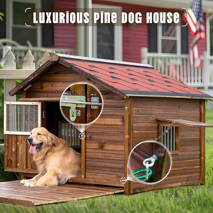 Extra Large Dog House Outdoor Made of Solid Pine Wood, Warm Doghouse, Dog House with Elevated Floor for Large Dogs, (Wood, 2XL)